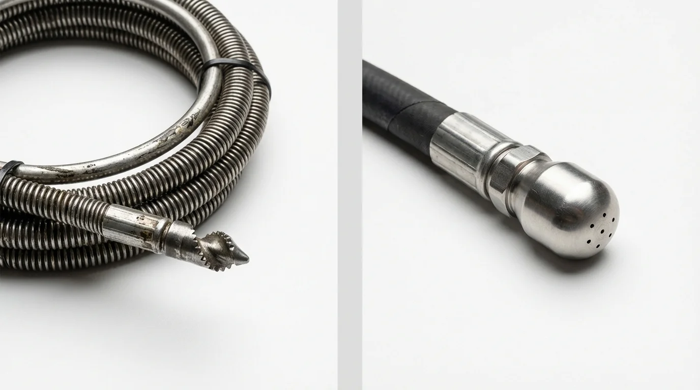 Drain snake cable and hydro jetting nozzle used for drain cleaning in Jackpot, NV