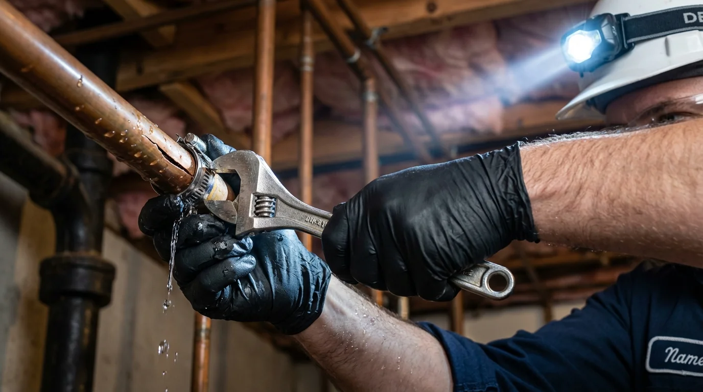 Emergency pipe clamp repair being performed by a Johns Plumbing LLC plumber in Jackpot