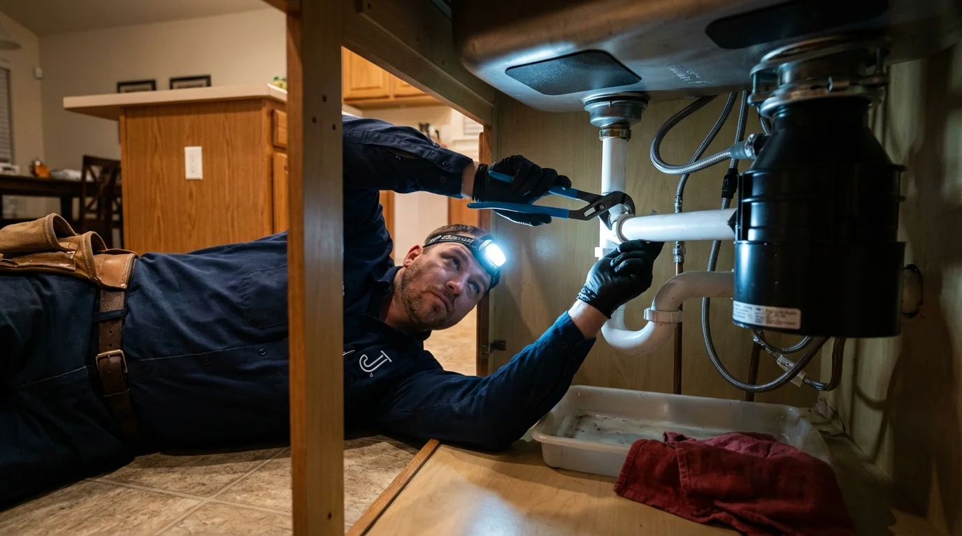 P-trap and supply line connections under a kitchen sink showing a common leak point in Jackpot, NV